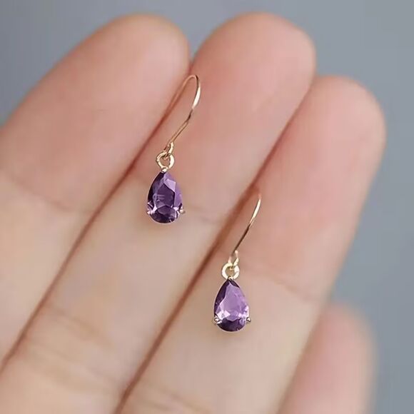 Amethyst Purple Glass Teardrop Dangle Earrings Gold Drop Pendant Charm Dainty - Picture 1 of 2